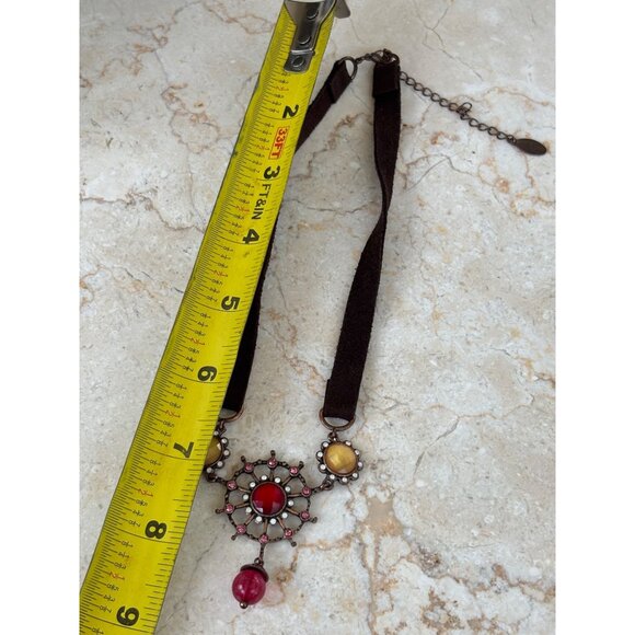 Brown Suede Choker Necklace With Red & Yellow Gemstone Accents Adjustable Chain - Picture 3 of 6